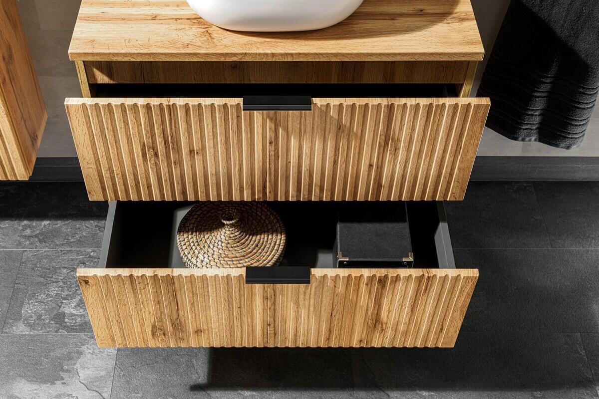 KOMPLETT BADEROMSMØBELSETT ADEL OAK 60 CM – HØYSKAP, MØBELSERVANT OG LED-SPEIL, ARMATUR